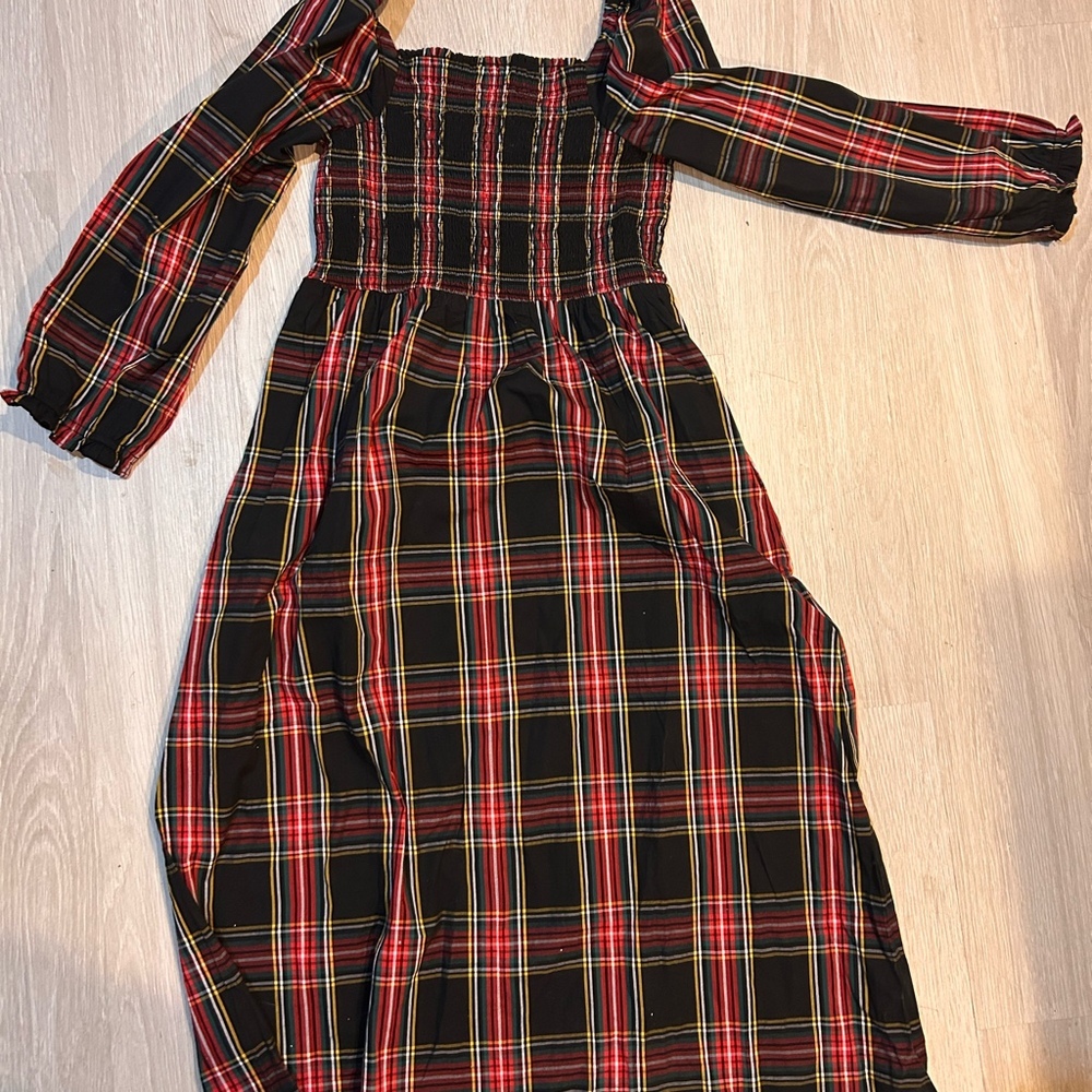 NWT J. Crew Stewart Tartan Plaid Smocked Midi Dres Sm Puff Sleeves Pockets - Picture 3 of 3